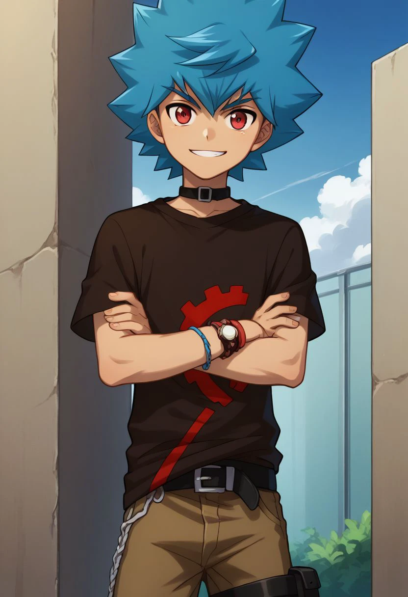 score_9, score_8_up, score_7_up, source_anime, highly detailed, 
luke, 1boy, male focus, solo, blue hair, red eyes, smile, spiked hair, belt, t-shirt, jewelry, shirt, printed t-shirt, looking at viewer, bracelet, pants, crossed arms,
outdoor,