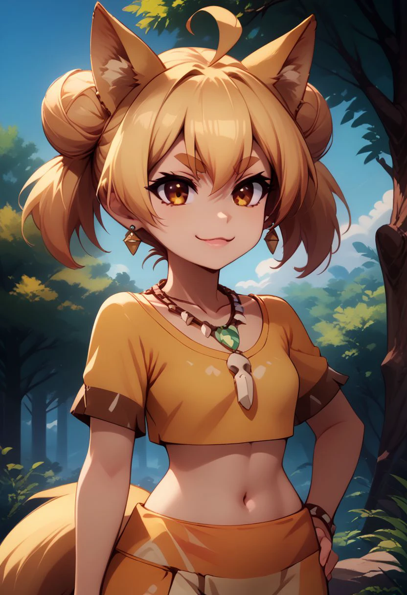 score_9, score_8_up, score_8, medium breasts, (curvy), cute, eyelashes,  rating_safe,
BREAK, 
zzgakumazawatatsuko, bangs, blonde hair, hair between eyes, brown eyes, ahoge, hair bun, double bun, thick eyebrows, , navel, animal ears, twintails, jewelry, green eyes, tail, earrings, outdoors, sky, day, midriff, cloud, blunt bangs, necklace, tree, crop top, hand on hip, fake animal ears, frown, animal print bone necklace, tribal, cowboy shot, smile, smug, hand on hip, wide hips,
zPDXL,