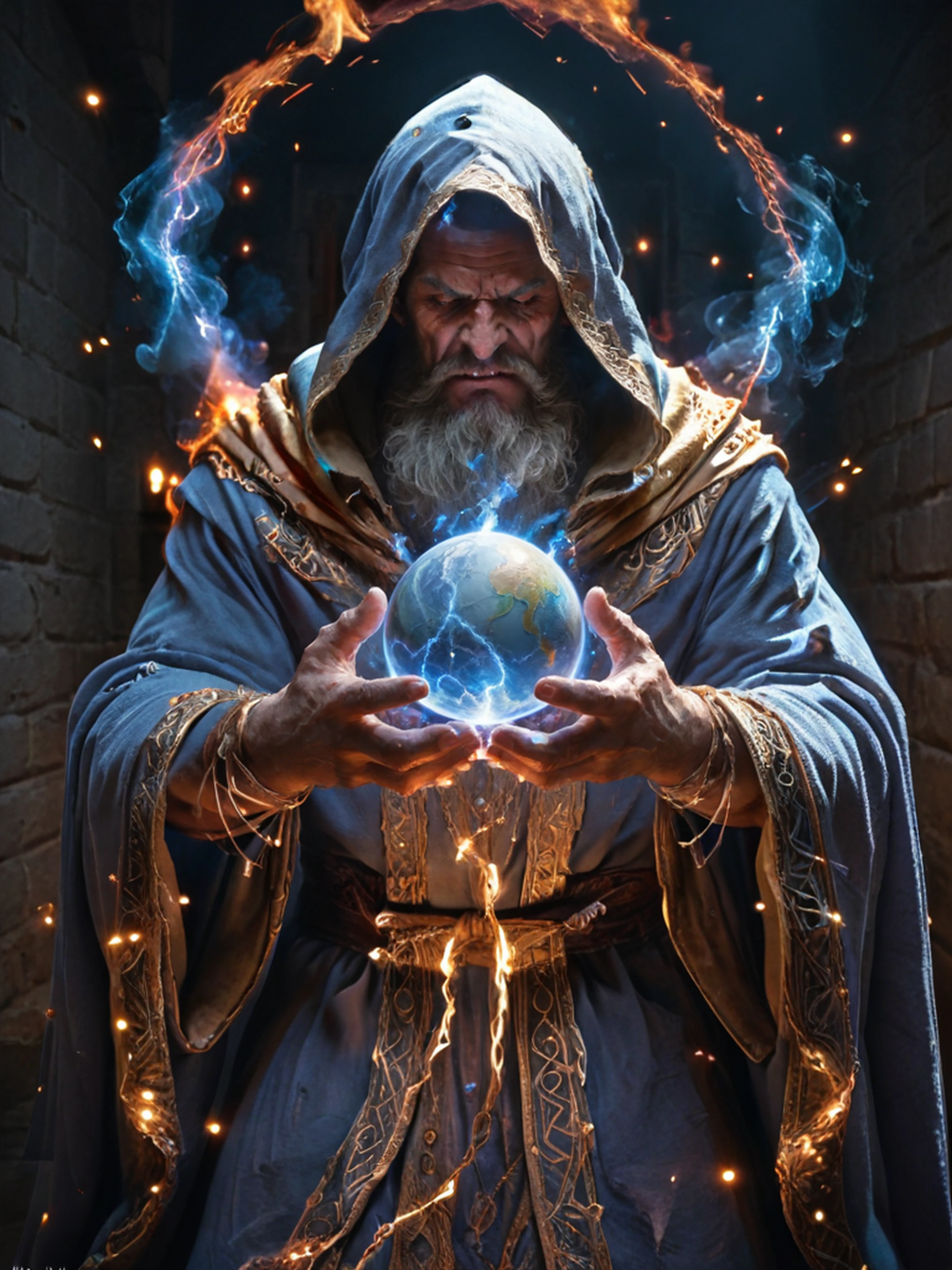 score_9, score_8_up,score_7_up, score_6_up, score_5_up, score_4_up, sihirbaz, a man in a robe holding up a globe in fire,  flying sparks ((evil laugh)), creating the false christian god, half-elf time wizard, magma, orb, orb of agamento, dark wizard, dungeon<lora:TRSerkan-Sihirbaz-Pony:0.6>