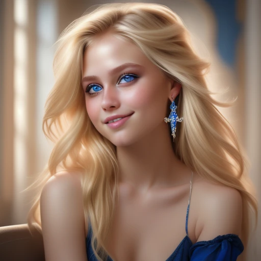 1girl, 18 years old,  tone, and fit, voluptuous ,white, blonde hair cascading in long locks ,blue eyes, warm smile gracing her lips, looking at viewer , solo, ultra clear, vivid lights, highly detailed, digital painting