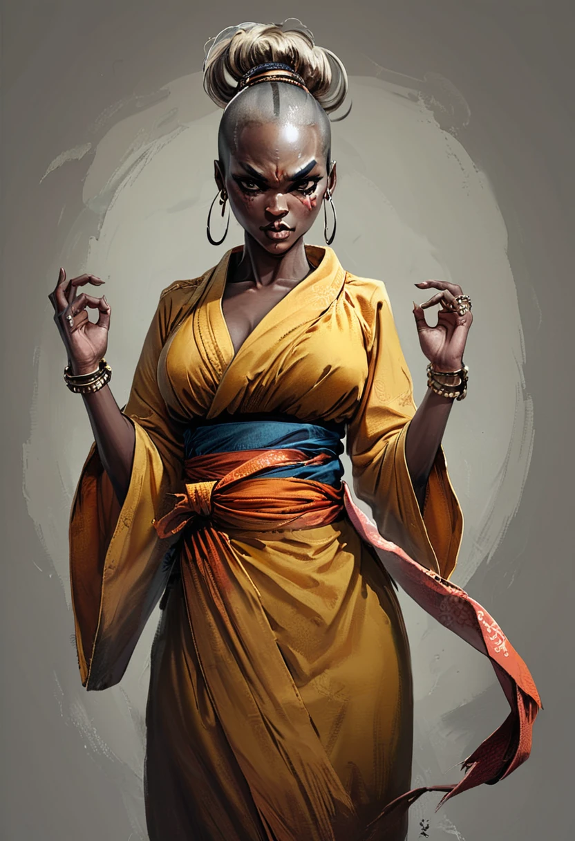 <lora:artfullySNAKEMONK:1>, artsnkmnk, character concept, illustration, hands up, sideboob, bracelet, kimono, tongue, single hair bun, sash, breasts, dark skin, ring