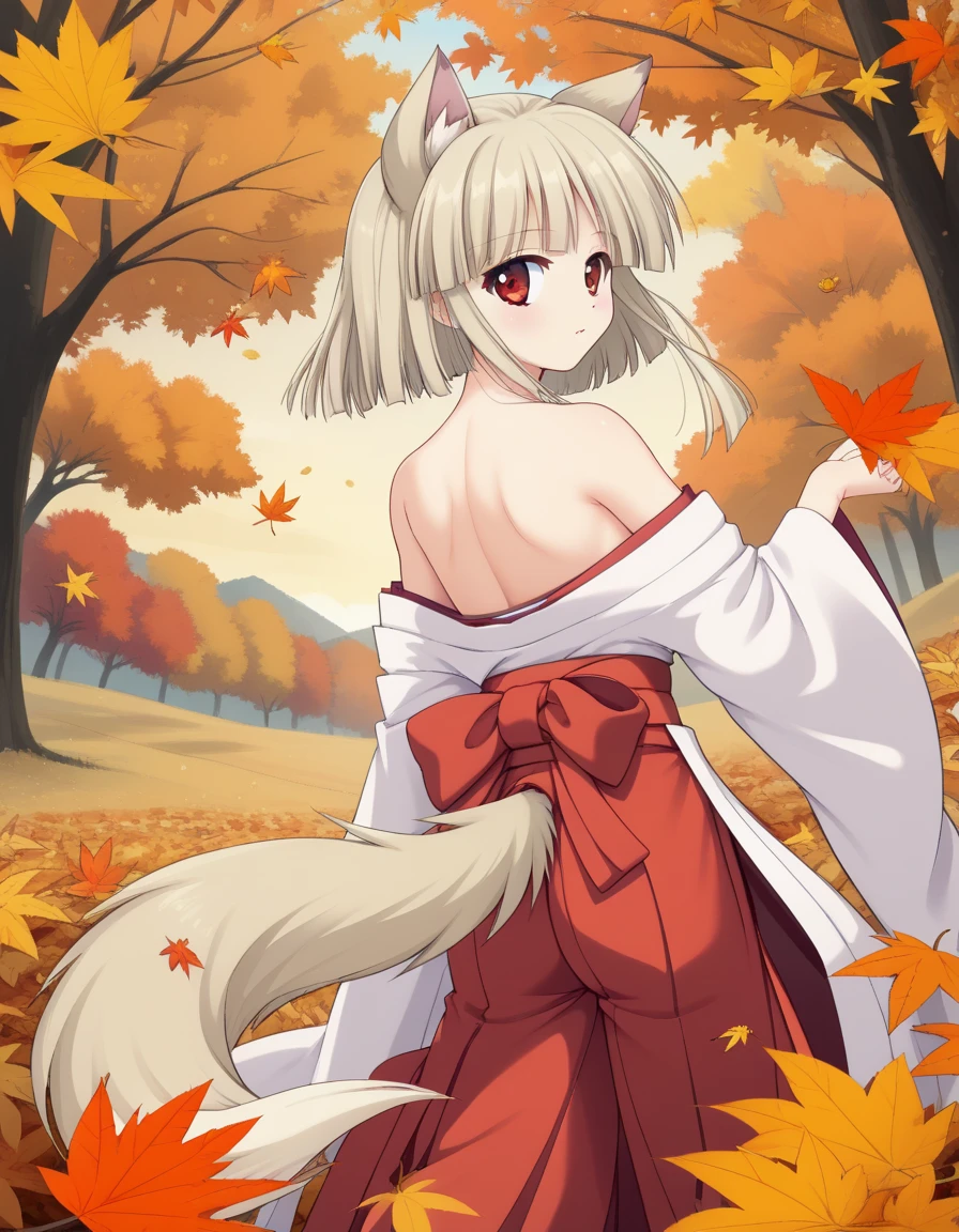 <lora:natsusamaXL_pony_3:0.7> score_9, masterpiece, best quality, 1girl, solo,
natsu-sama, tail, japanese clothes, red hakama,
looking at viewer, autumn, maple leaf, from behind, looking back, off shoulder,