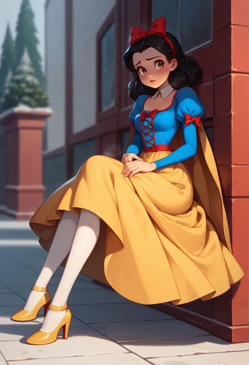 score_9,score_8_up,score_7_up, 
1girl, Snowwhite, Disney, \(Snow White and the Seven Dwarfs\)/,(ultra HD quality details), brown eyes, black hair, bobbed hair, pale skin, rosy red lips, rosy cheeks
blue sleeves with red slashing, puffy sleeves, yellow skirt, laced petticoat, white stockings, dress, white collar,
brown cape with a red interior, bow-like ribbon, long skirt, high-heeled shoes, yellow shoes,
solo, outdoors, depth of field, blushing, on a date, beautiful, skin tight, tank top, short shorts, sweat,