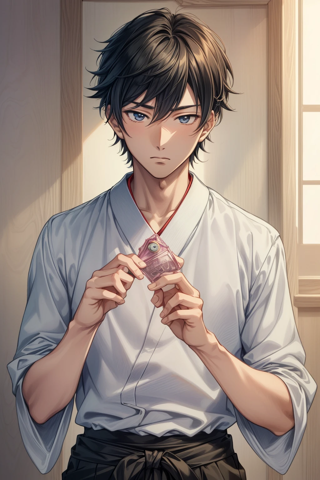 (((best quality, masterpiece, ultra-detailed, Japanese anime style, perfect anime quality, extremely detailed CG))), 1boy, slim Asian boy, 27-years-old male, solo, male focus, detailed eyes, solid_eyes, random casual outfit, <lora:pcm_sd15_normalcfg_16step:1>, <lora:add_detail 3:0.5>, ((holding_condom, Meditation, Hopeful))