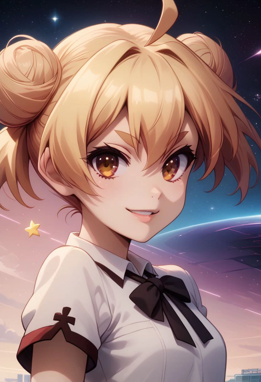 score_9, score_8_up, score_8, medium breasts, (curvy), cute, eyelashes,  rating_safe,
BREAK, 
zzgakumazawatatsuko, bangs, blonde hair, hair between eyes, brown eyes, ahoge, hair bun, double bun, thick eyebrows, school uniform, neck ribbon, white shirt, collared shirt, short sleeves, black skirt,
BREAK, 
looking at viewer, smile, 
dynamic angle, stars, floating, colorful, pink, blue eyes, black bow, from side, on back, spaceship, technological,
zPDXL,