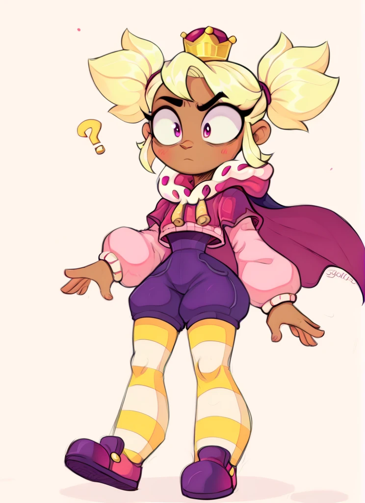 score_9, score_8_up, score_7_up, <lora:bsmandy:1> 1 girl ,  bsmandy  ,dark-skinned female ,  simple background,  , blonde hair,  crown , full body,  short twintails, bodysuit,  purple shorts  ,pink sweater, cape, yellow striped thighhighs, upper body,   ,confused,  solo  , <lora:Aer0Zer0_Artist_Style:1>aerozerorisk