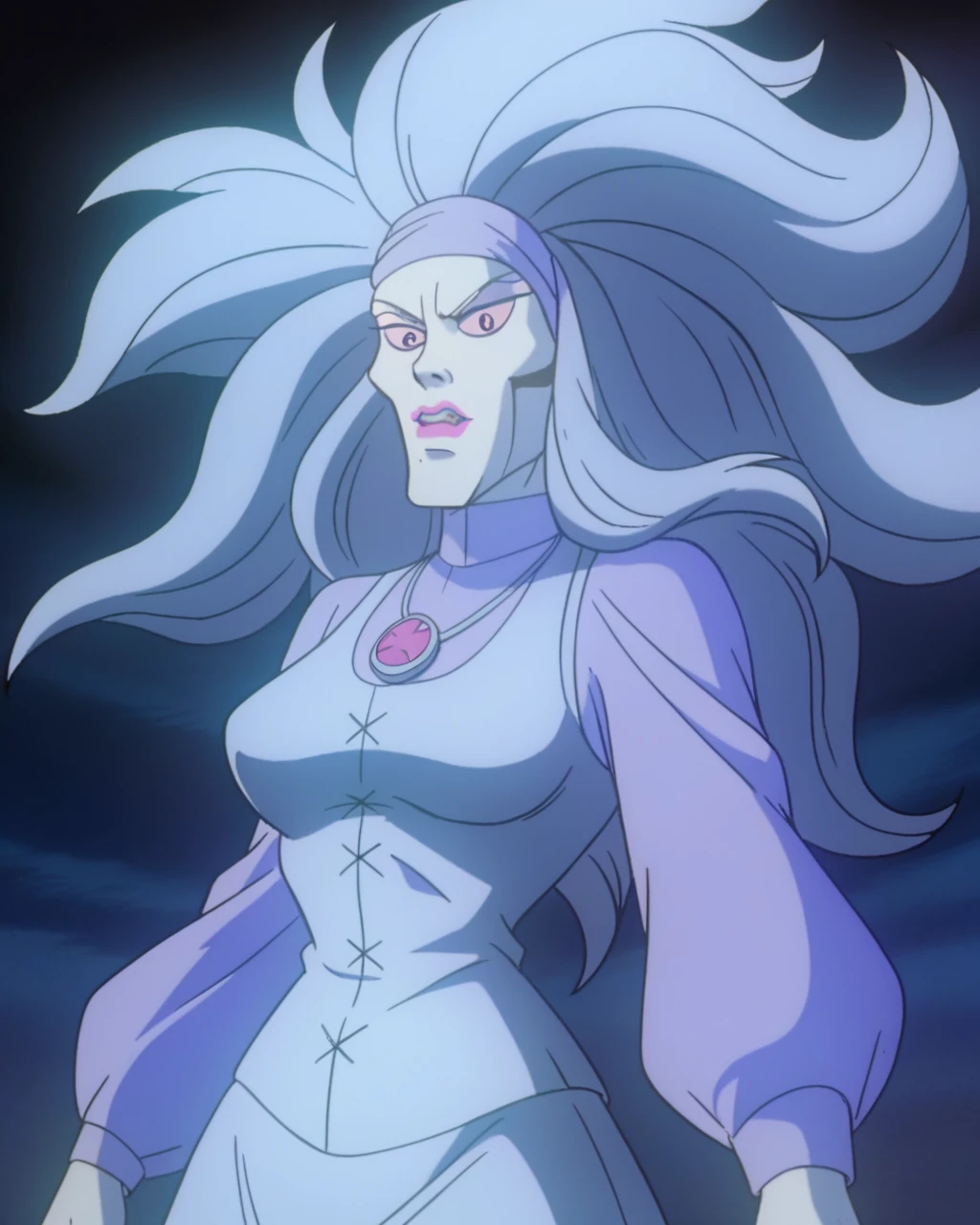 score_9, score_8_up, score_7_up, zPDXL,Witch ghost, glowing skin, white skin, white dress, ghost, purple sleeves, SD90style, retro artstyle, source_cartoon, 2D, 1girl, long hair, breasts, jewelry, makeup<lora:Scooby-Doo_1999_style:1>