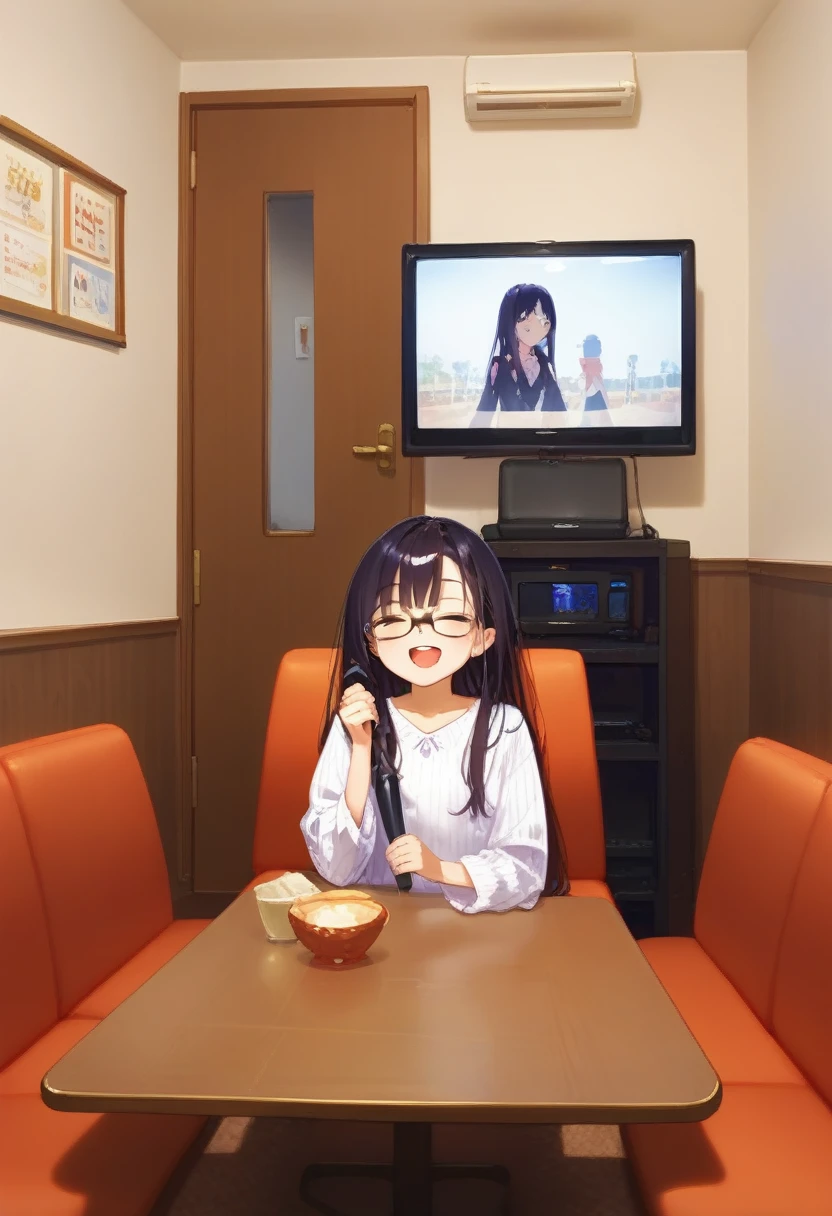 score_9, score_8_up, score_7_up, rating_safe, masterpiece, best quality, absurdres, unity 8k wallpaper, official art, official style, source_anime, uncensored, game cg, megami magazine,
1girl, solo, glasses, black hair, long hair, ribbed sweater, pants, happy, smile, closed eyes, open mouth, holding microphone, karaoke, sitting,
karaokeroom, scenery, table, door, indoors, couch, screen,joypad, microphone, television,
<lora:karaoke_room_PONY_V3A:0.8>