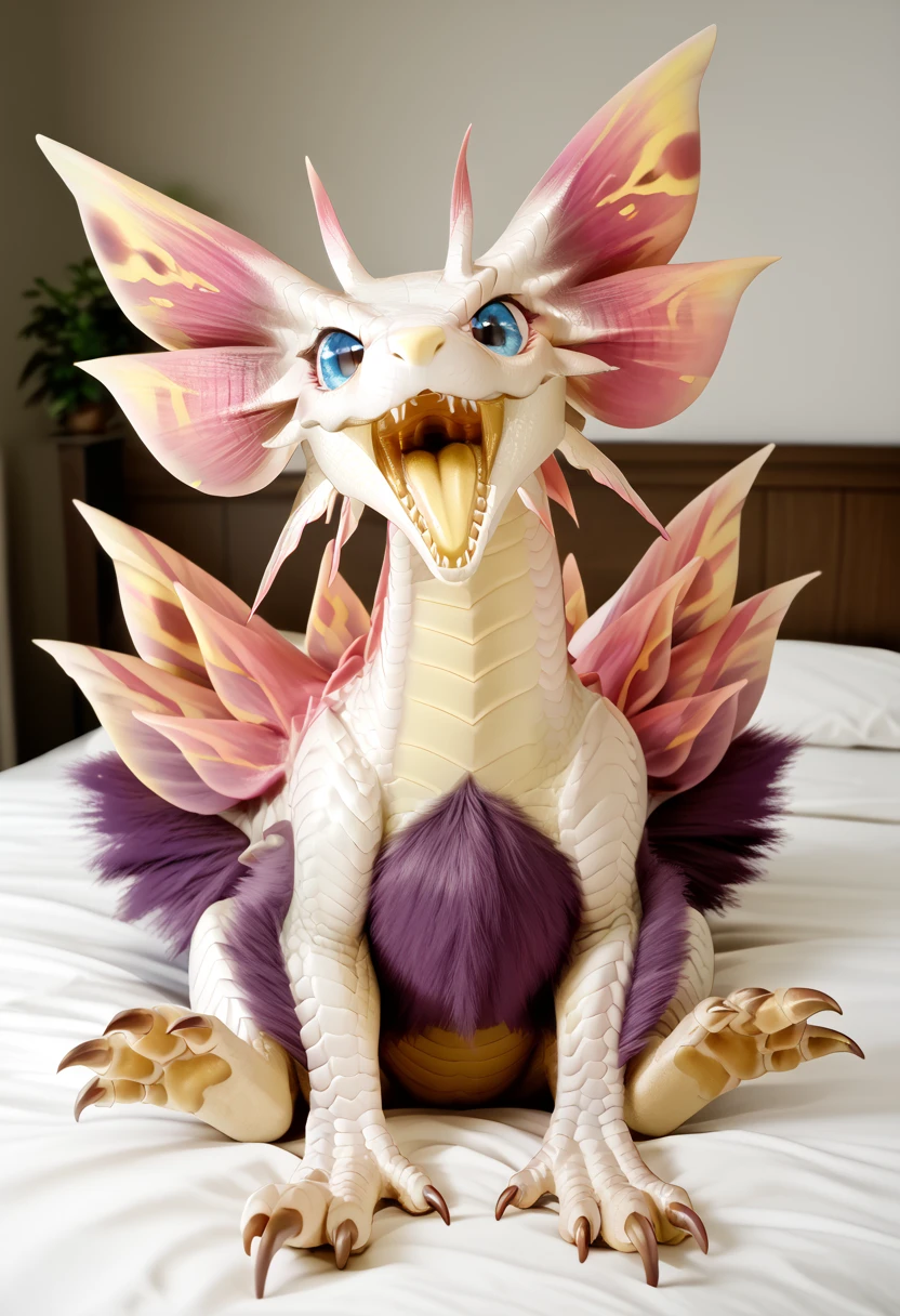 (mizutsune, cute, kawaii, sitting), dragon, anthro, feral, front view, pink head frill, female, white scale, purple fur, pink fin, open mouth, wide dragon tail, cute eyes, big eyes, blue eyes, fox dragon, claws, on bed, detailed, masterpiece, score_9, score_8_up, score_7_up, score_6_up, best quality <lora:Mizu_Pony:1> <lora:Wanpi:0.5>