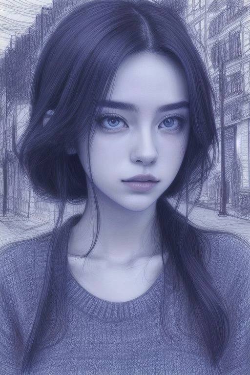 (((a complex and masterpiece photo))) on the ( beautiful girl on street, love, hart), lots of small details, depth of drawing, thoughtful, sophisticated background,  three-dimensional image
,((((( background made with a blue pen))))), no pen