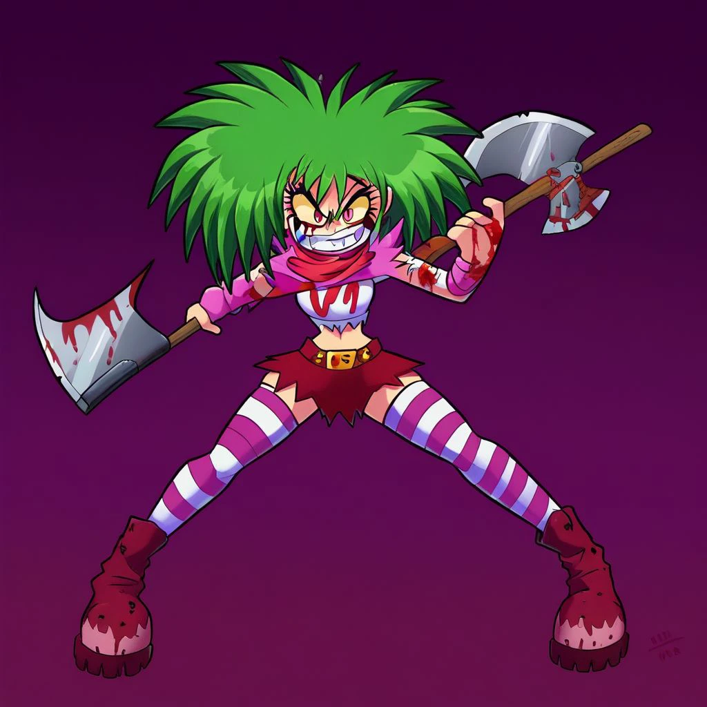 massacre, gore, crazy woman standing wielding an axe, green hair, kawaii, striped stockings, crop top