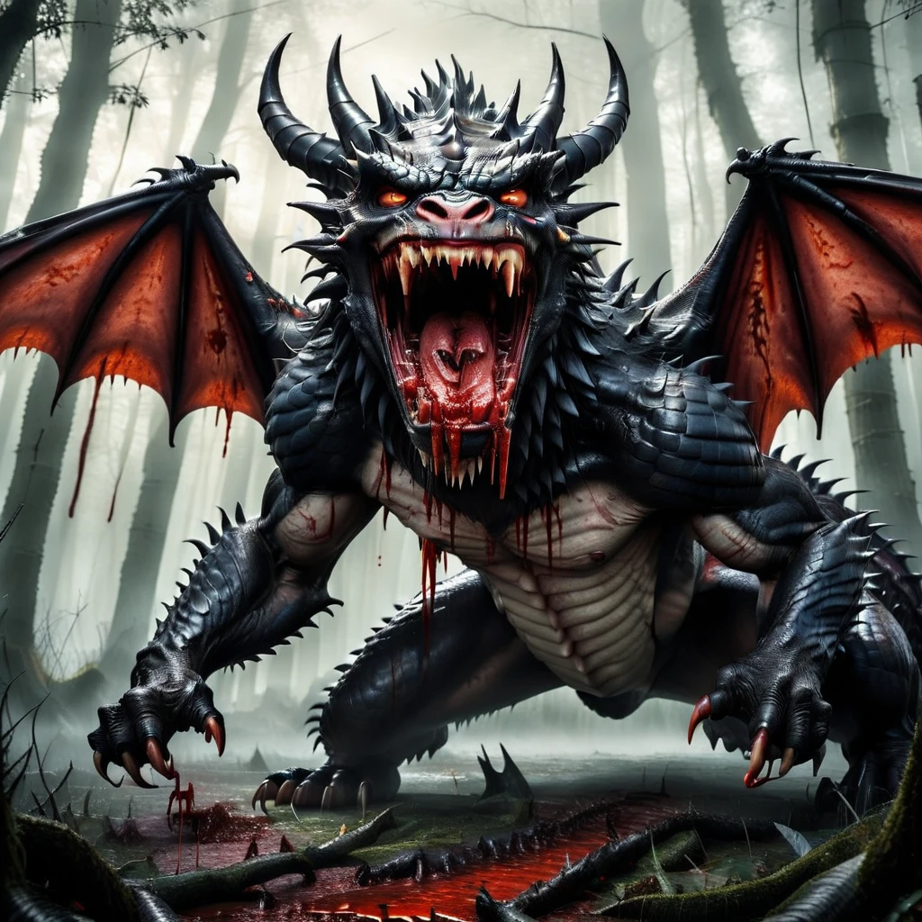 (masterpiece), best quality, large hybrid creature, combine a dragon and a gorilla, dragon's head, two rows of  sharp teeth, large fangs dripping blood, roaring in anger, large bat wings open, twisted horns on head, claws dripping blood, pieces of ripped flesh in teeth, forest setting