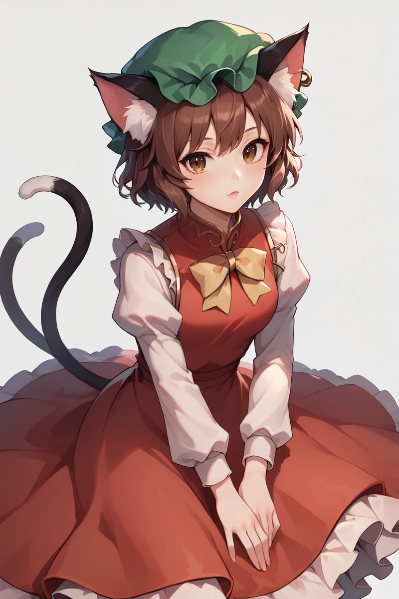 score_9, score_8_up, score_8, score_9, 1 girl,  source_anime, <lora:chen_pony-10:1>, chen, brown hair, brown eyes, cat ears, green hat, mob cap, two tails, red dress, juliet sleeves, frills, <lora:Concept Art Ultimatum Style LoRA_Pony XL v6:0.8>, <lora:princess_xl_v2:0.8>, <lora:Smooth Anime 2 Style SDXL_LoRA_Pony Diffusion V6 XL:0.8>, <lora:add-detail-xl:-0.5>