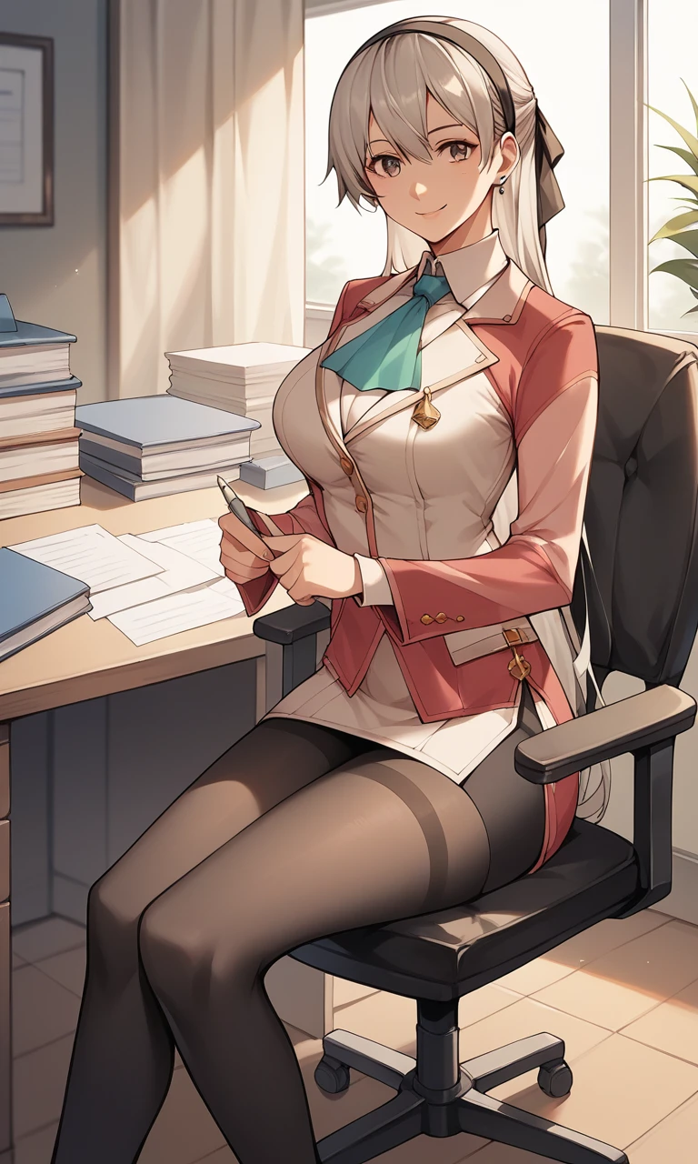 score_9, score_8_up, score_7_up, source_anime, 1girl, elie, ascot, grey hair, hairband, smile, indoors, office, sitting in chair, desk, secretary, black leggings