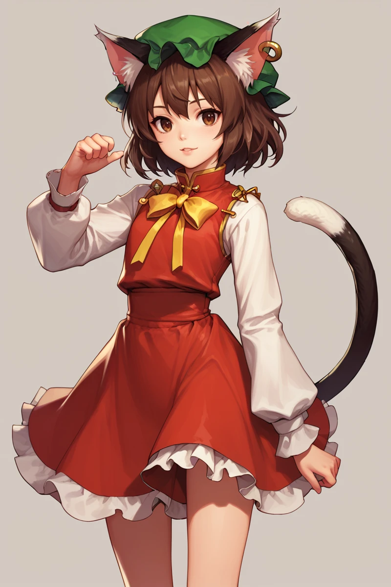 score_9, score_8_up, score_8, score_9, 1 girl,  source_anime, <lora:chen_pony-10:1>, chen, brown hair, brown eyes, cat ears, red dress, long sleeves,  green hat, mob cap, two tails, flat chest, white_sleeves, yellow ribbon, frills,  <lora:Dungeon_And_Fighter_XL:0.8>