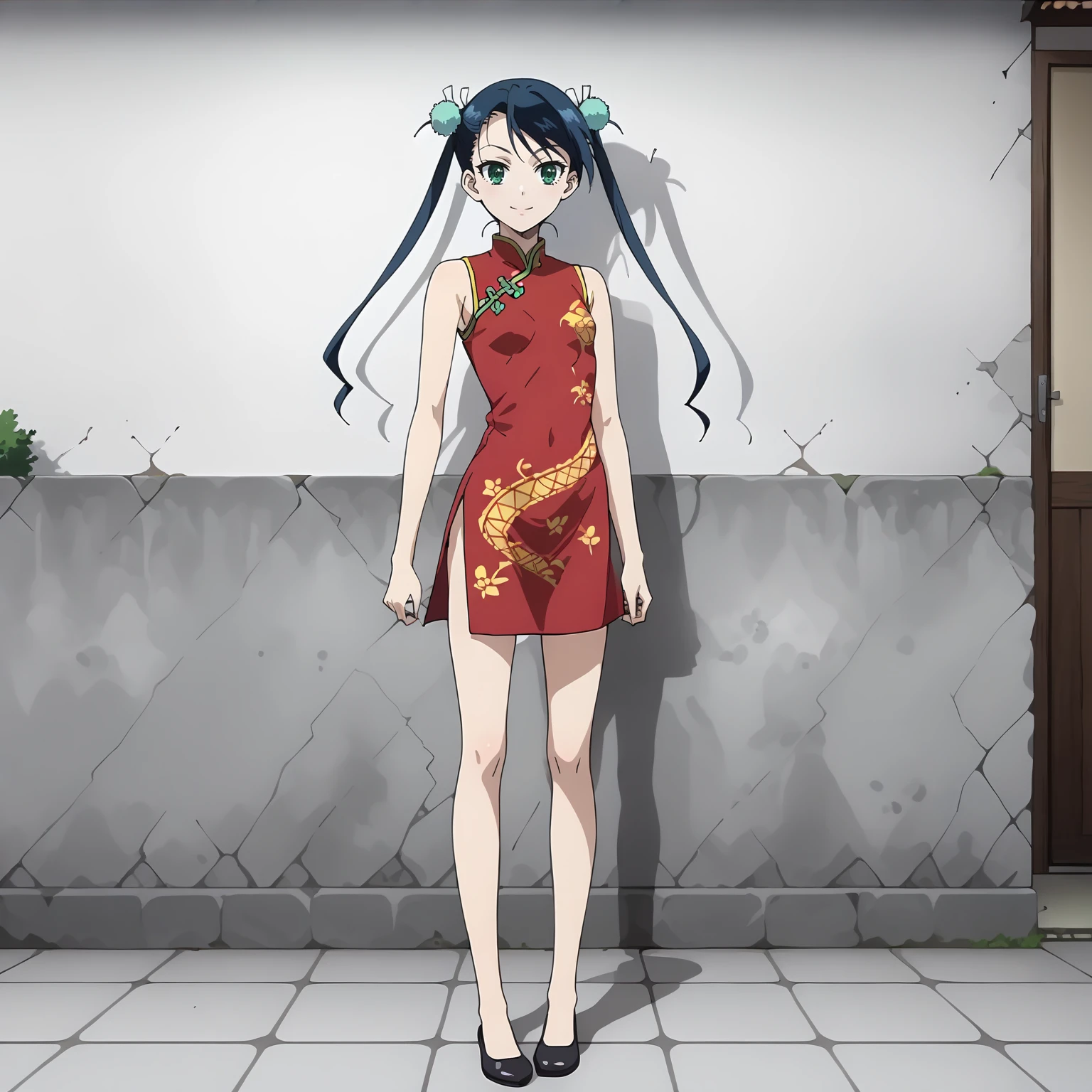 <lora:HibachiXLpony001>,
smile,
solo,
Hibachi,1girl,black blue hair,twintails,green eyes,
red print_cheongsam,
full body,standing,