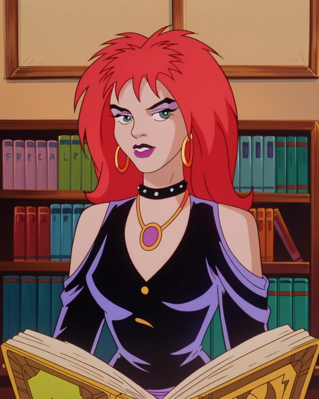 score_9, score_8_up, score_7_up, zPDXL,goth fashion, Lunahex, purple dress, SD90style, retro artstyle, source_cartoon, 2D, jewelry, hoop earrings, 1girl, makeup, red hair, bookshelf, necklace, lipstick, book, purple lips<lora:Scooby-Doo_1999_style:1>