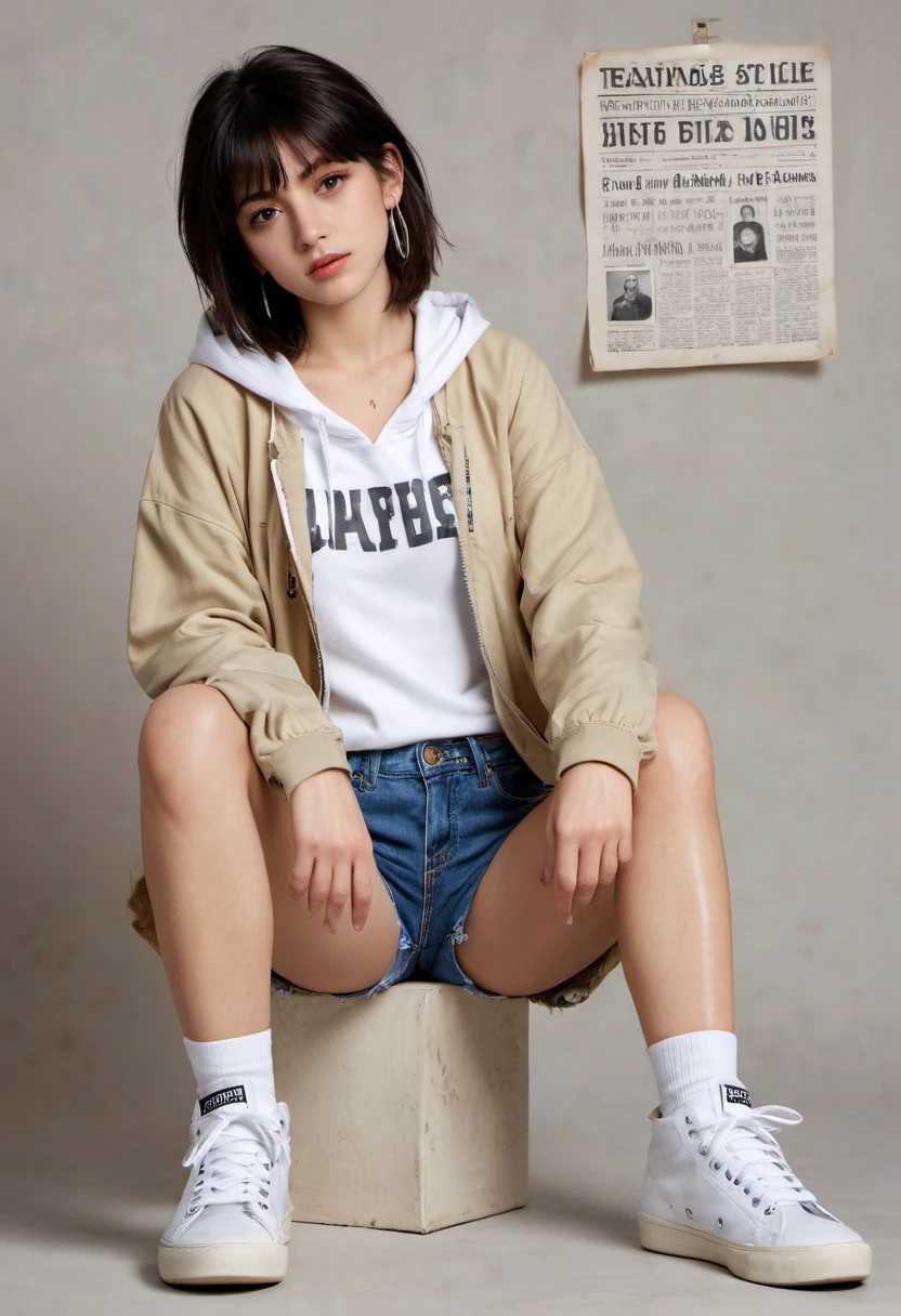 1girl, solo, shorts, newspaper, hood, sitting, shoes, hoodie, jacket, indian style, denim, sneakers, looking at viewer, short shorts, brown hair, open clothes, hood down, denim shorts, long sleeves, jewelry, white hoodie, realistic, earrings, full body, holding, black eyes, bangs, brown eyes, open jacket, blue shorts, caution tape, black hair, simple background, clothes writing, white footwear, lips, grey background,
fashion editorial, photorealistic, highly detailed,