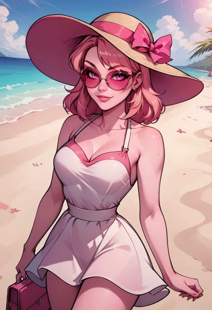 score_9, score_8_up, score_7_up, missheedxl, 1girl, pink hair, pink skin, pink eyes, sunglasses, medium breasts, on the beach, white summer dress, summer hat, <lora:Miss_Heed_PDXL2:1>