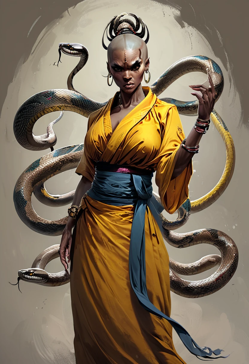 <lora:artfullySNAKEMONK:1>, artsnkmnk, character concept, illustration, snake master, monk, 
masterpiece, intricately detailed, best quality, highest resolution, normal fingers, 
 hands up, sideboob, bracelet, kimono, tongue, single hair bun, sash, breasts, dark skin, ring