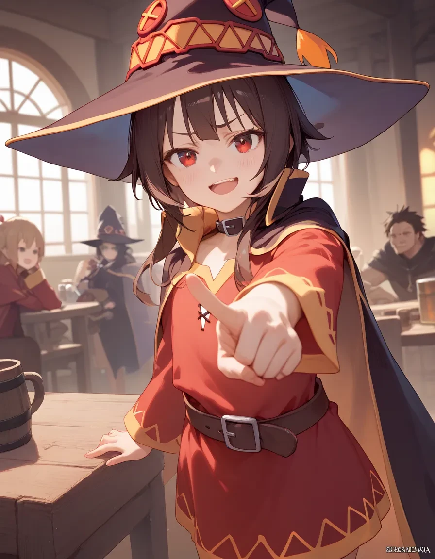 score_9, score_8_up, score_7_up, (megumin:.8), in a tavern, outstretched arm, pointing at viewer, smug, open mouth, witch hat, cape