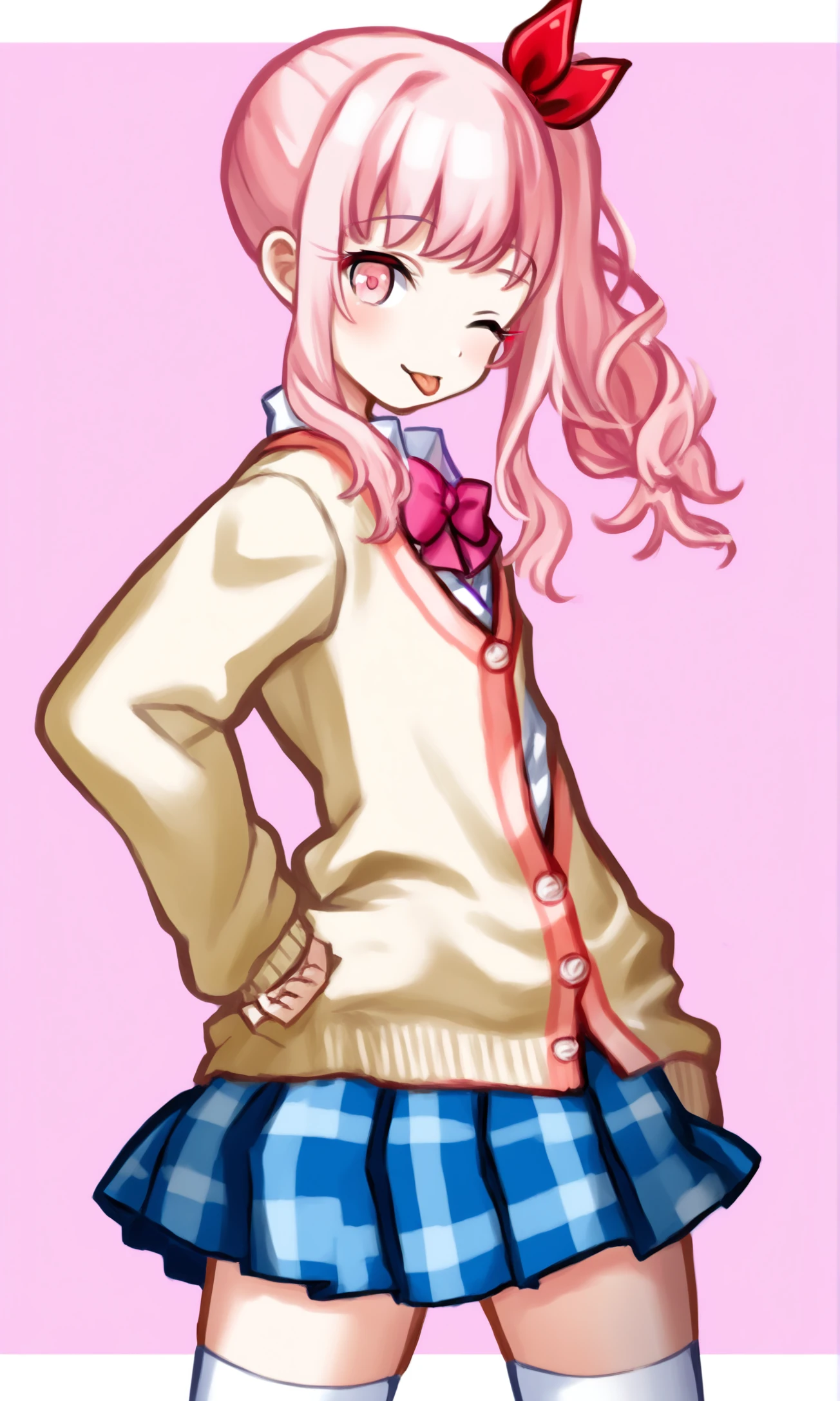 1other,akiyama mizuki,androgynous, solo,long hair,looking at viewer,bangs,skirt,thighhighs,long sleeves,bow,school uniform,pink hair,hair bow,sidelocks,cowboy shot,pleated skirt,one eye closed,tongue,looking back,tongue out,bowtie,pink eyes,red bow,side ponytail,sweater,white thighhighs,blue skirt,plaid,plaid skirt,pink background,cardigan,;p,triangle ,school outfit