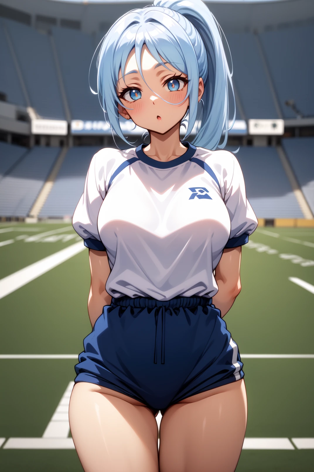 Features{neutral,short hair,Eye color(right eye:green,left eye:blue),Light blue hair,One Girl,Shaved}
clothing{Volleyball Uniforms,stockings(black,Low denier), My chest is exposed}
Posture{Showing off her pussy}
situation{On a chair,Blushing,Sweaty skin}
Behavior{Pee,legs wide open,Showing off one's private parts}
place{locker room}