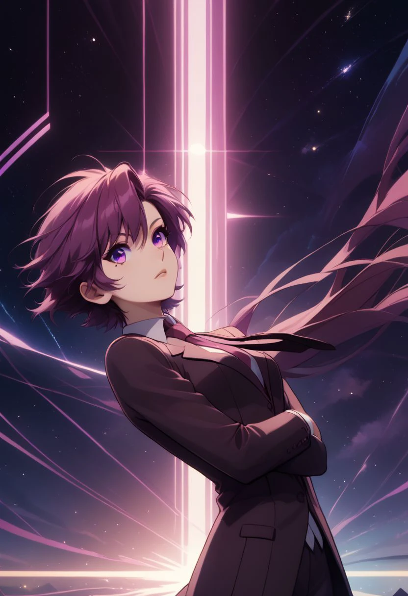 score_9, score_8_up, score_8, medium breasts, (curvy), cute, eyelashes,  rating_safe,
BREAK, 
zzBazett, short hair, purple eyes, purple hair, mole under eye, necktie, formal, suit,
BREAK, 
dynamic angle, stars, floating, colorful, pink, blue eyes, black bow, from side, on back, spaceship, technological,
zPDXL,