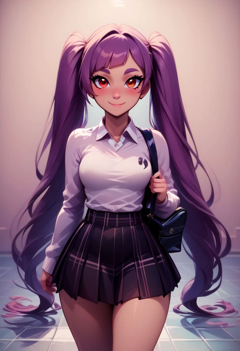 score_9, score_8_up, score_8, medium breasts, (curvy), cute, eyelashes,     
BREAK,
zzEntrapta, red eyes, purple hair, long hair, twintails, very long hair,
BREAK,
zzLFashion,
closed mouth, alternate costume, smile, looking at viewer, collared shirt, blush, sweater, black skirt,  eyelashes, long sleeves, sleeves past wrists, plaid skirt, shoulder bag, black bag, blurry, tile floor, pleated skirt, white shirt, 
zPDXL,