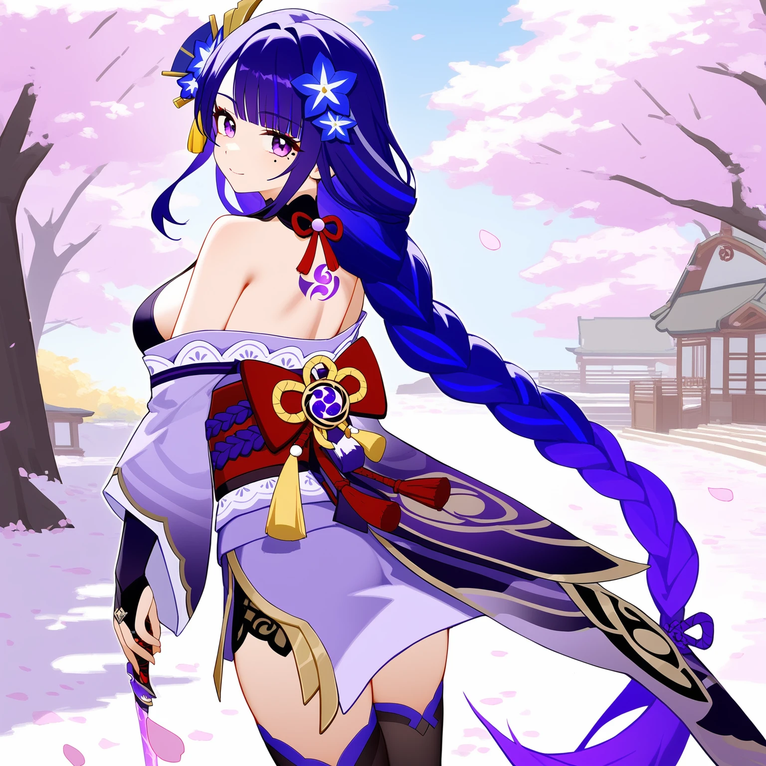 1girl,
raiden shogun,genshin impact,
solo,best quality,looking at viewer,looking back,holding sword,purple eyes,mole under eye,purple hair,very long hair,braided ponytail,bangs,hair flower,single braid,large breasts,sideboob,back tattoo,purple kimono,black thighhighs,off shoulder,bare shoulders,long sleeves,wide sleeves,tassel,vision (genshin impact),musou isshin (genshin impact),tomoe (symbol),mitsudomoe (shape),obi,bridal gauntlets,cherry blossoms,purple flower,petals,
masterpiece,newest,absurdres,safe,
<lora:CoAi_nai3style_kxl_eps:1>,hxtstyle5,