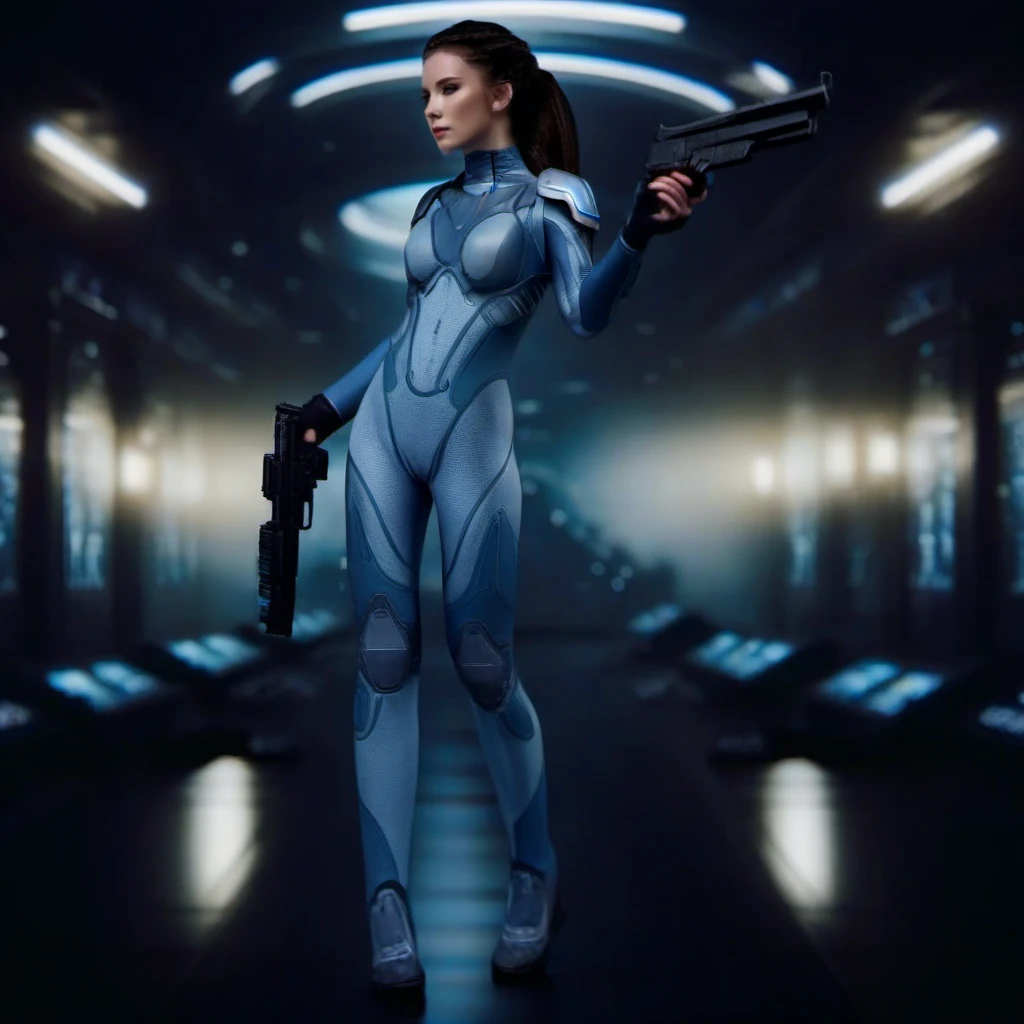 cinematic photo  woman in an armored bodysuit,  holds futuristic handguns, spaceship background <lora:SarahKerrigan1024:0.9> . 35mm photograph, film, bokeh, professional, 4k, highly detailed