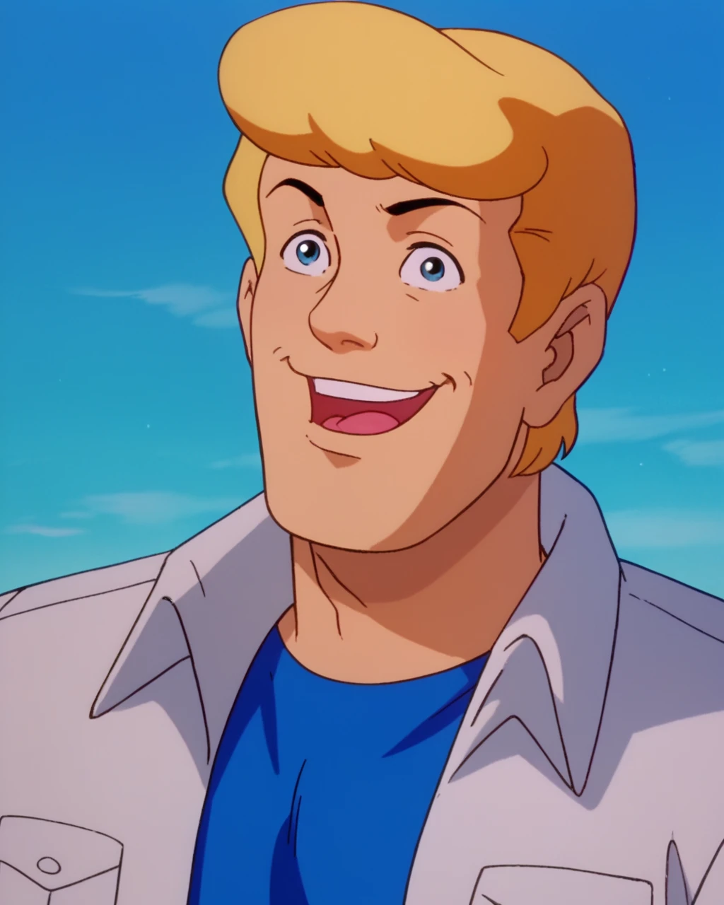 score_9, score_8_up, score_7_up, zPDXL, <lora:Scooby-Doo_1999_style:0.95>Fredjones, white jacket, blue shirt, SD90style, retro artstyle, source_cartoon, 2D, 1boy, male focus, blonde hair, smile, open mouth, upper body