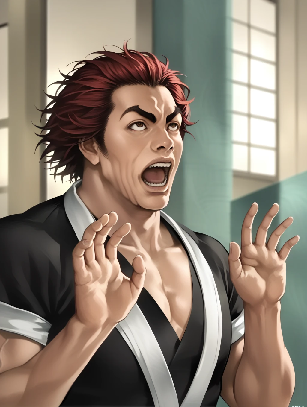 score_9, score_8_up, score_7_up, score_6_up, uncensored, source_anime, rating_safe,
BREAK,
solo,
<lora:moriyoshi_face_omg:0.8>,moriyoshi_face_omg, open mouth, realistic, photo, solo, upper body, hands, looking up,
<lora:Char-YujiroHanma-pony:1>,YujiroHanma, black shirt,muscular male, ,short sleeves,pupils, brown eyes,, red hair, manly, veins,