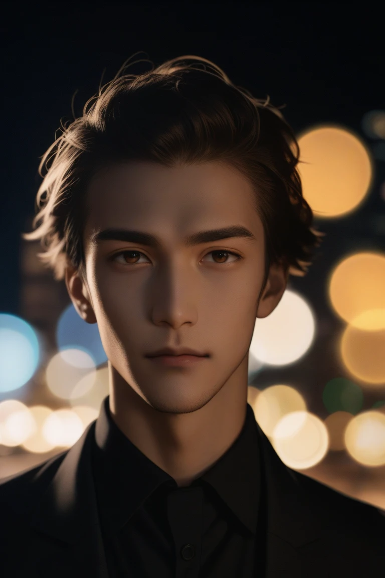 closeup face photo of caucasian man in black clothes, night city street, bokeh