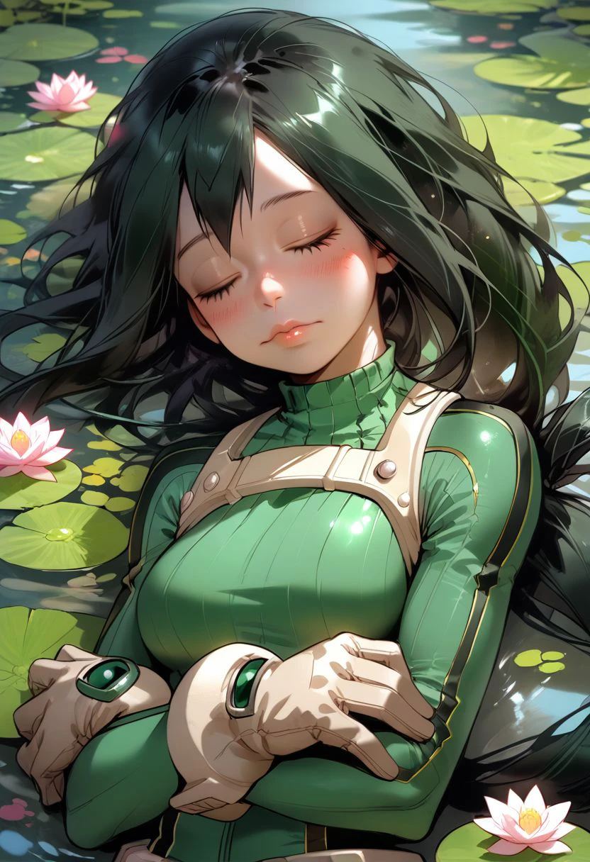 score_9, score_8_up, score_7_up, source_cartoon, 
1girl, Tsuyu Asui, \(My Hero Academia\)/,(ultra HD quality details), long hair, black hair, black eyes, low-tied long hair, hair rings,
gloves, bodysuit, green bodysuit,
 solo, adorable cute girl, sleeping on a lotus, sleeping, (tiny size, sleeping:1.2), blushing, moaning, colorful detailed flower background, (detailed image, high resolution, 5k resolution:1.0), Expressiveh,