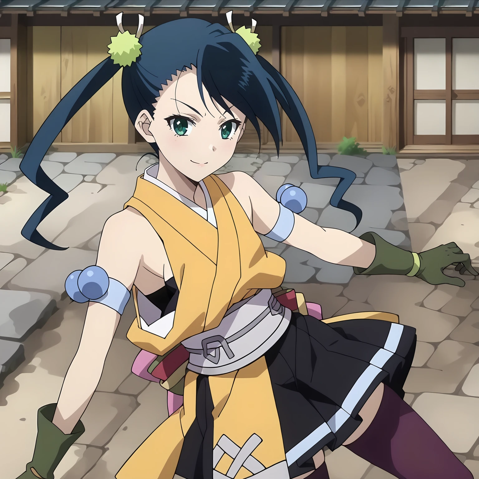 <lora:HibachiXLpony001>,
smile,
solo,
Hibachi,1girl,black blue hair,twintails,green eyes,
yellow kimono,sleeveless,
obi,black skirt,
purple thighhighs,
armband,gloves,