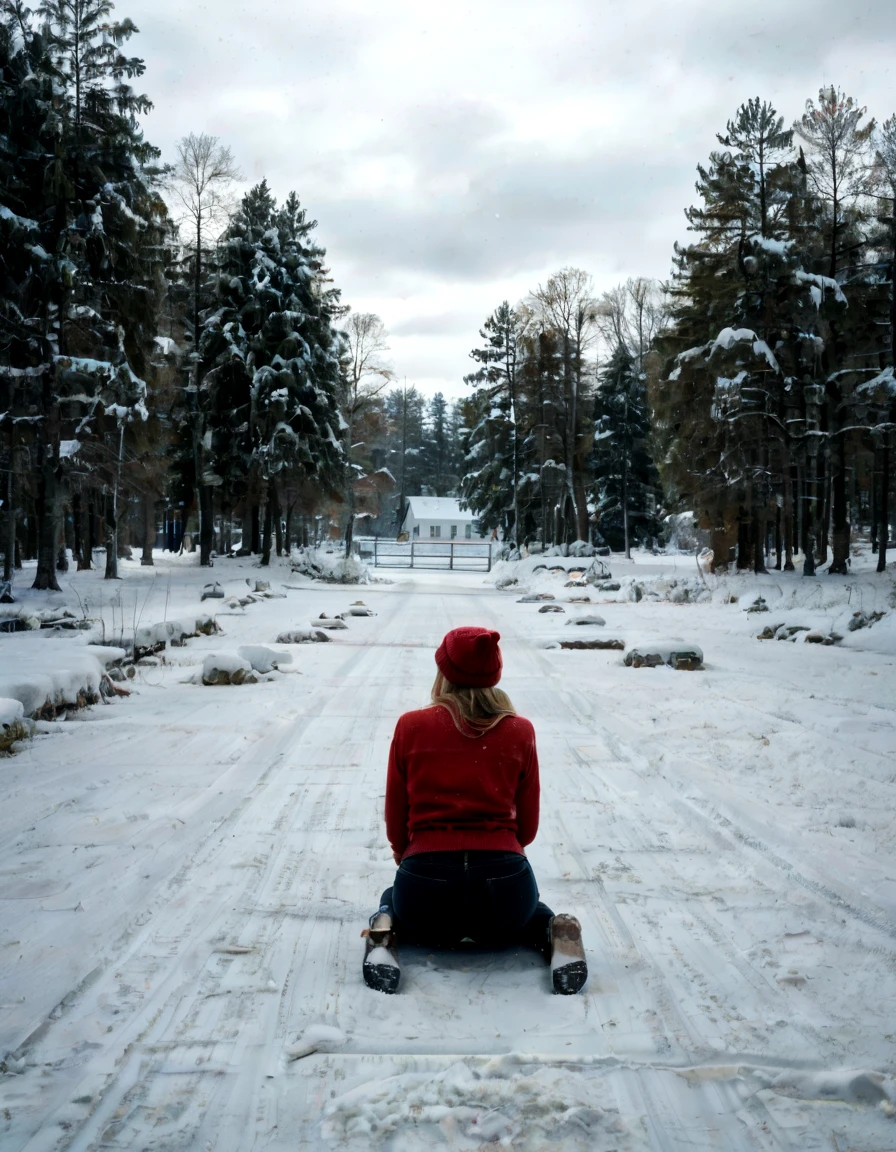 (sharp focus, 8K Resolution, golden hour, light leak, real life:1.4)shot from behind, petite gorgeous brunette white girl, (((narrow waist, insanely wide hips, insanely big ass))), straddling a rock, on a dirt path, in a SNOWY LANDSCAPE, beanie, sweater, (black spandex leggings), <lora:EnvyZoomSliderXL01:-2>, sitting on the ground in a field, topless ((snow, winter, snowflakes, trees in the distance, icey pond)) <lora:WhiteScene:0.95> whitescene, snowing, snow, snow everywhere, ice
