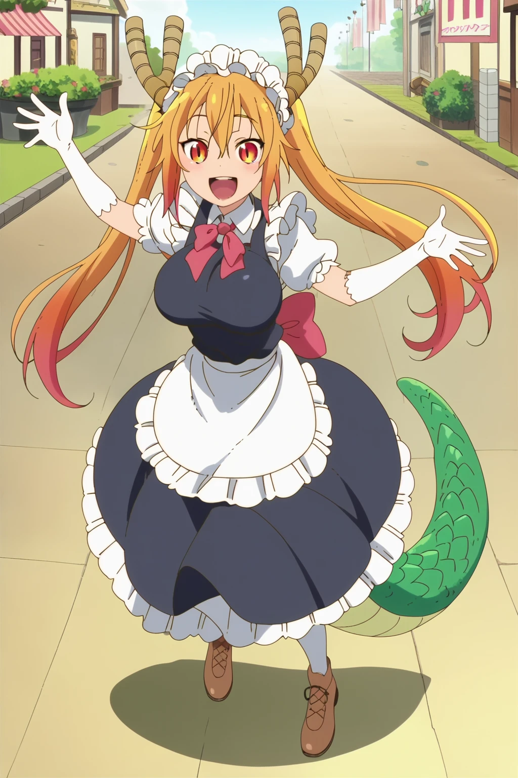 Score_9, Score_8_up, score_7_up, score_6_up, official style, anime screencap, 1girl, solo, tohru, happy, open mouth, smile, maid, elbow gloves, waving, looking at viewer, large breasts, dragon tail, full body, white pantyhose, brown footwear<lora:EMS-395096-EMS:0.800000>