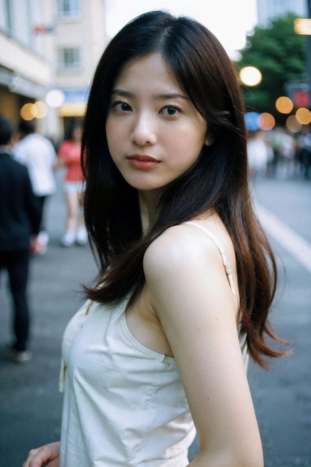 Best quality, masterpiece, ultra high res, (photorealistic), raw photo,1girl, skinny, upper body,solo, realistic, looking at viewer, long hair, bokeh background, city streets,brown eyes, bohemian dress,  <lora:makina69_yoshitakayuriko_v1.0:1>