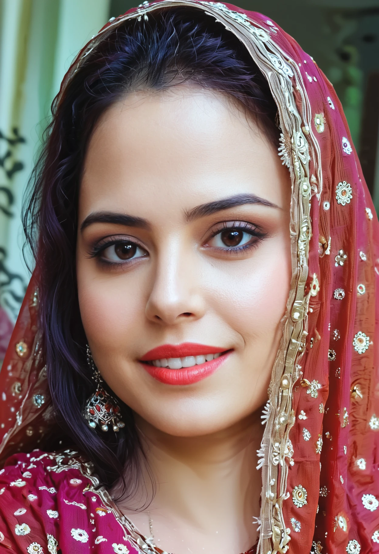 Hyperrealistic art Portrait of a beautiful Pakistani bride wearing a Red wedding dress, smiling, happy, 8K,Rich texture details, hyper detailed,, <lora:Sensual_Woman:1> . Extremely high-resolution details, photographic, realism pushed to extreme, fine texture, incredibly lifelike