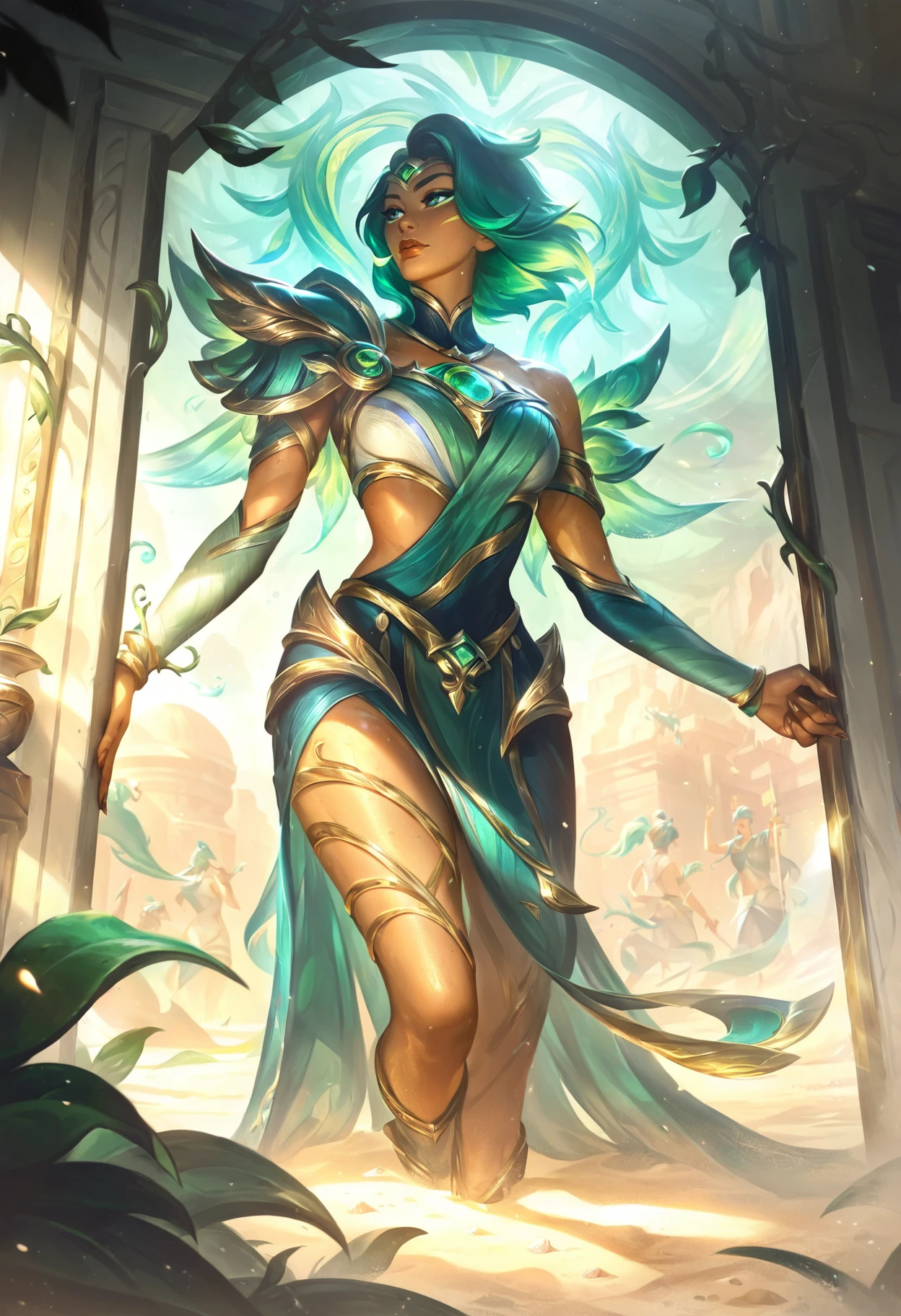 l0lspl4sh, source_anime, score_9, score_8_up, score_7_up, year2024, 1girl, guardian of the sands 1girl, guardian of the sands, West Studio, sixmorevodka, A woman is pushing open the door to an ancient egyptian tomb, vines, green cape, medium hair, multicolored eyes, shoulder pad, dark, dark mist through crack in door, green jade, copper, yellow magic, sand, dust, <lora:L0LSPL4SH_40epochs:1>