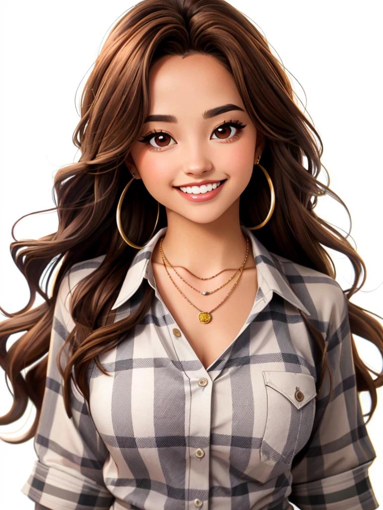 b3ckyg, 1girl, solo, long hair, looking at viewer, smile, simple background, brown hair, shirt, white background, brown eyes, jewelry, earrings, teeth, necklace, grin, plaid, traditional media, portrait, realistic, plaid shirt<lora:b3ckyg:1.0>