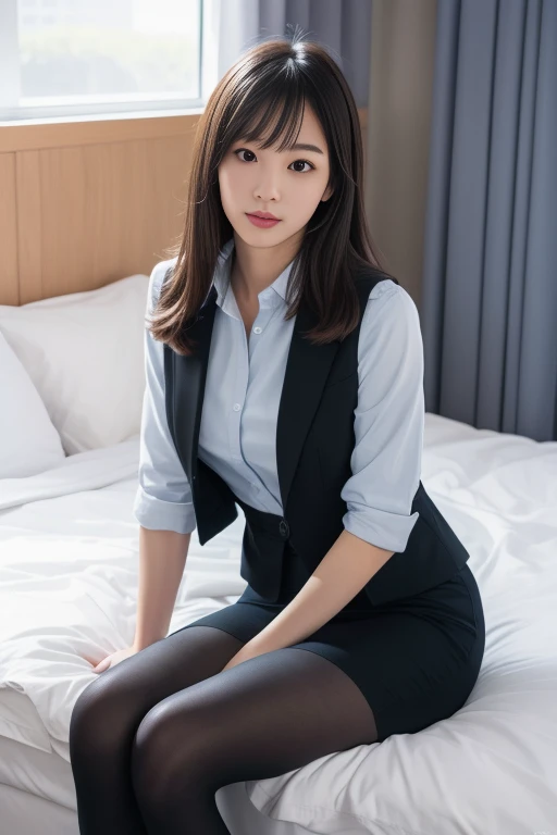 blazer, blue neck ribbon, pleated skirt, black pantyhose, loafers. Knees on the bed. No panties, showing pussy closed up. Japanese girl.