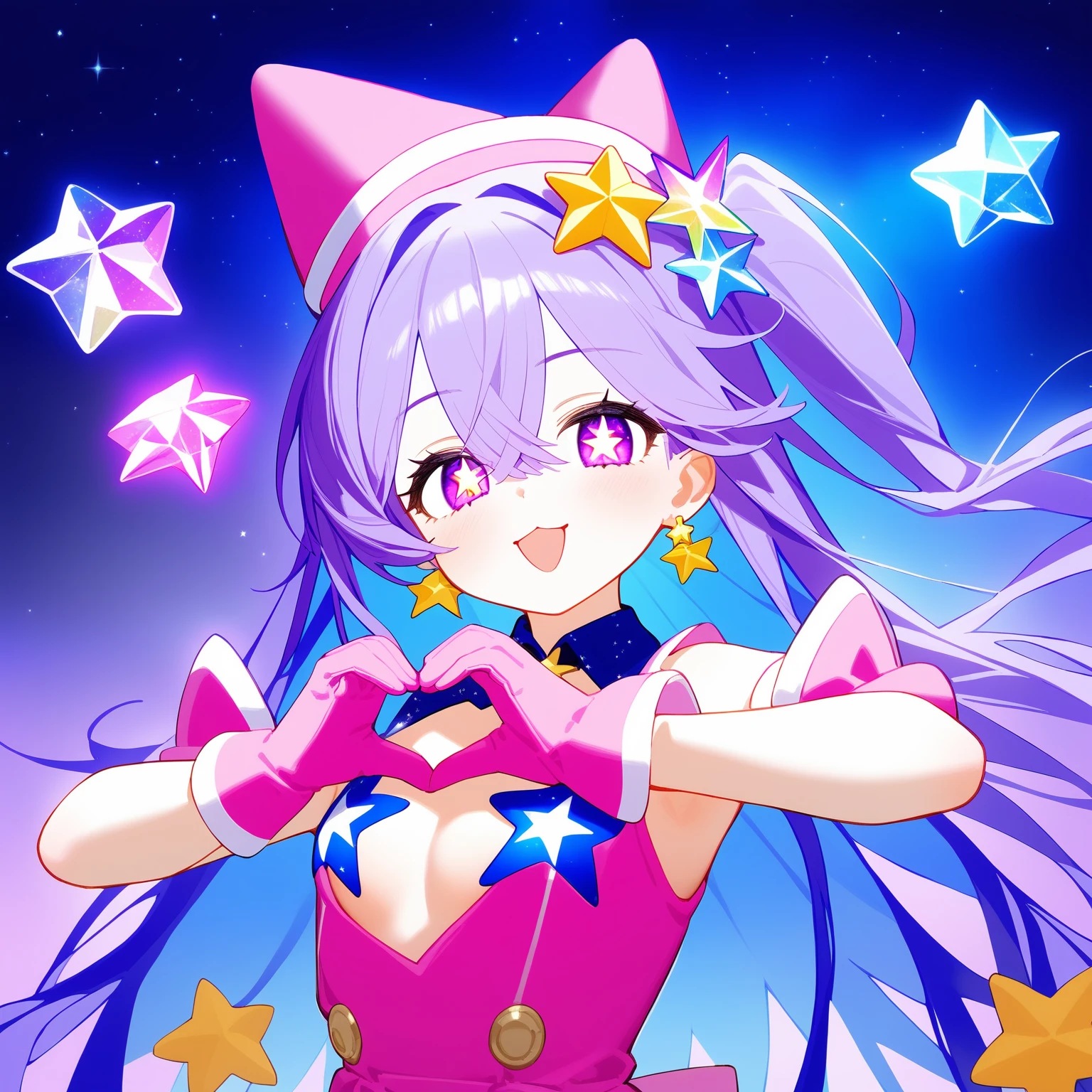 1girl,
solo, best quality, starry background, upper body, looking at viewer, smile, purple eyes, hair between eyes, star-shaped pupils, star hair ornament, long hair, purple hair, blue hair, shiny hair, bangs, armpits, dress, pink gloves, star hat ornament, sleeveless, star earrings, star necklace, star (symbol), heart hands, :p, one side up, magical girl, star print, star pasties, saint quartz (fate), star (sky), starfish, starry sky
masterpiece,newest,absurdres,safe,
<lora:CoAi_nai3style_kxl_eps:1>,hxtstyle5,