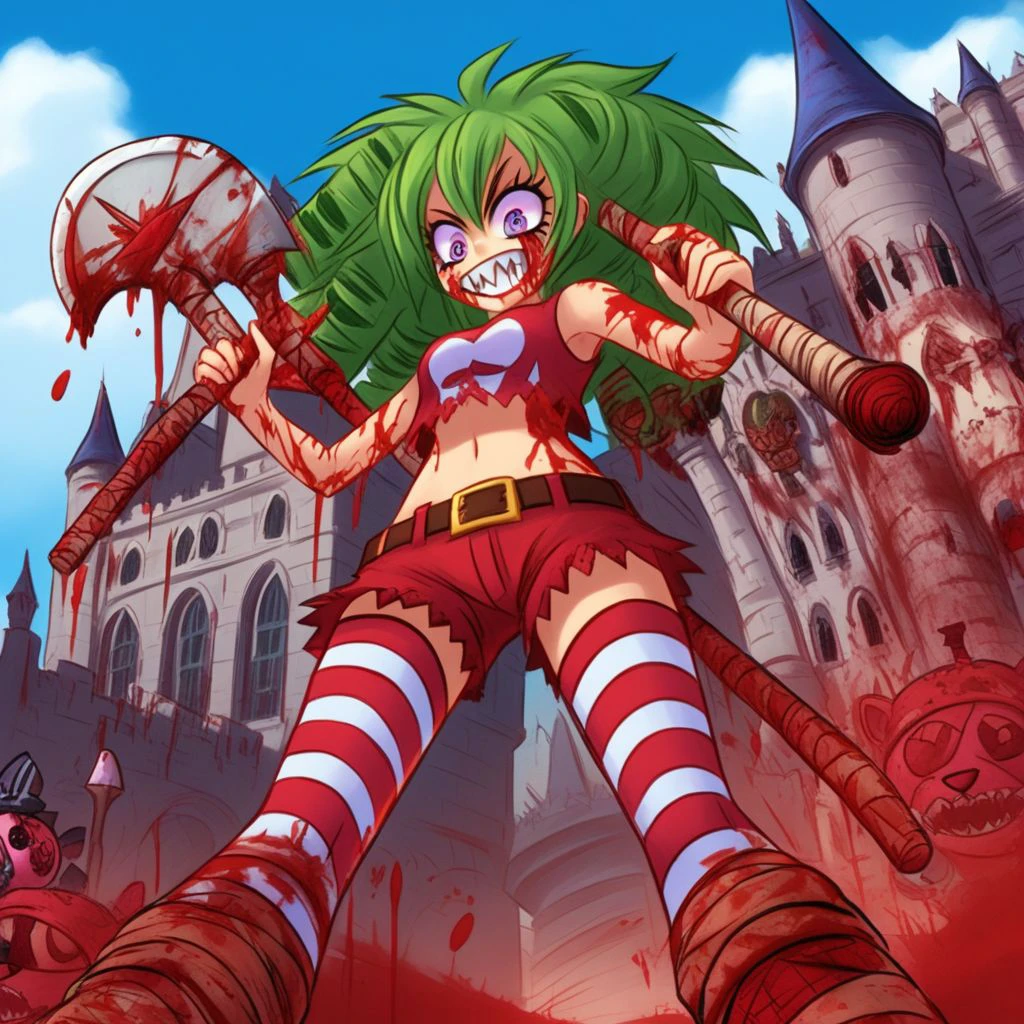 massacre, gore, crazy woman standing wielding an axe, green hair, kawaii, striped stockings, crop top, graphic novel angles, unique angle, detailed sketch, fantasy background, fantasy cityscape, castle in the distance, massacre of stuffed animals