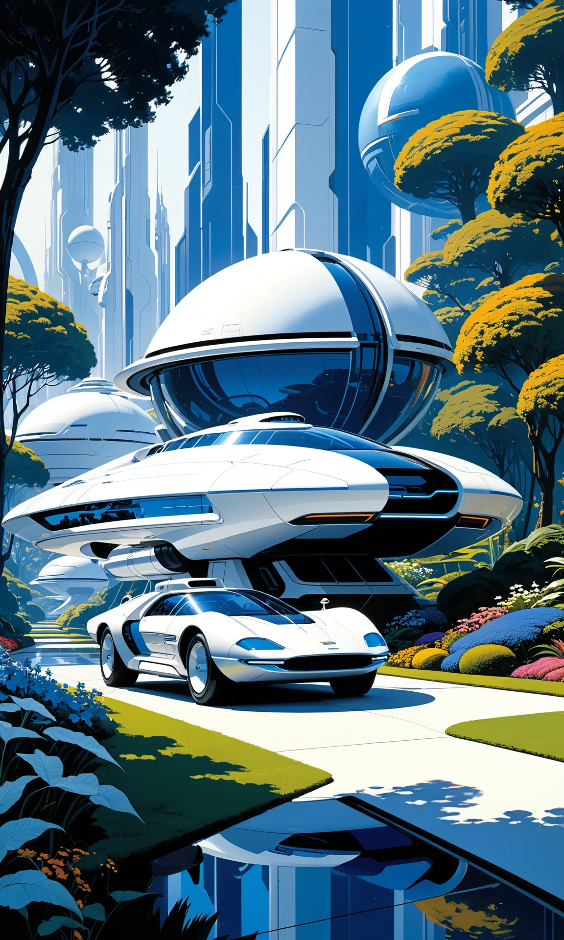 Futuristic garden, Syd Mead, space opera white, blue masterpiece, expert, 4k resolution, intricate detail, minimalist art, simple, clean, flat colors<lora:Art-full_v1:0.5>