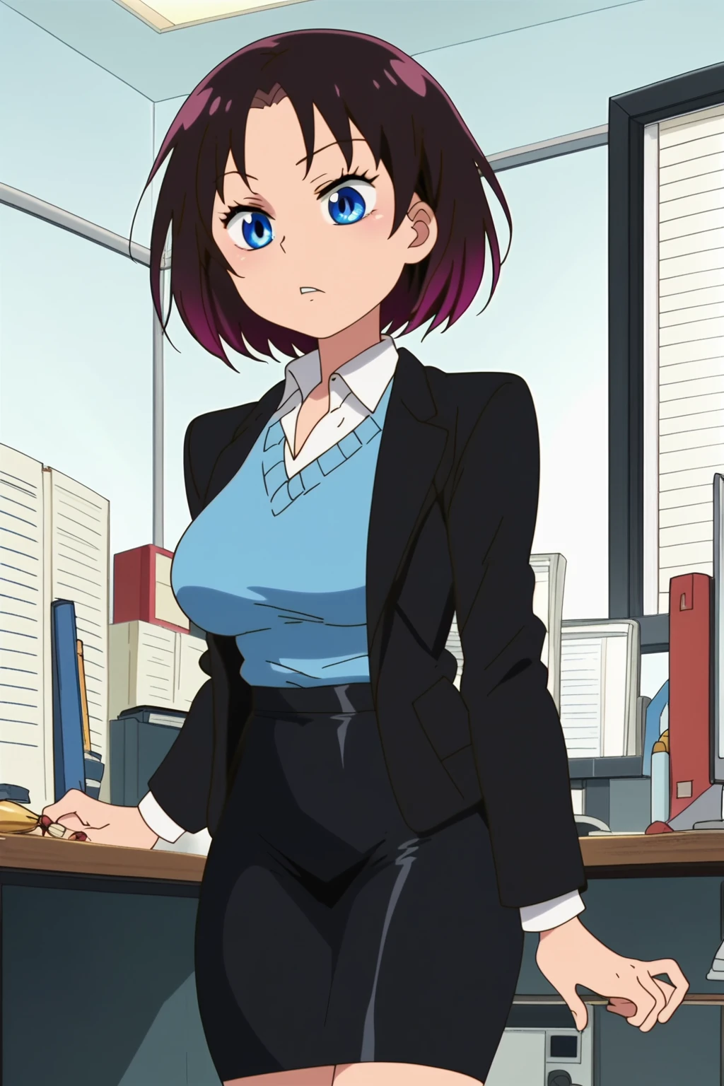 Score_9, Score_8_up, score_7_up, score_6_up, official style, anime screencap, 1girl, solo, Elma, office lady, black jacket, blue sweater, collared shirt, pencil skirt, office, computer, desk<lora:EMS-395096-EMS:0.800000>