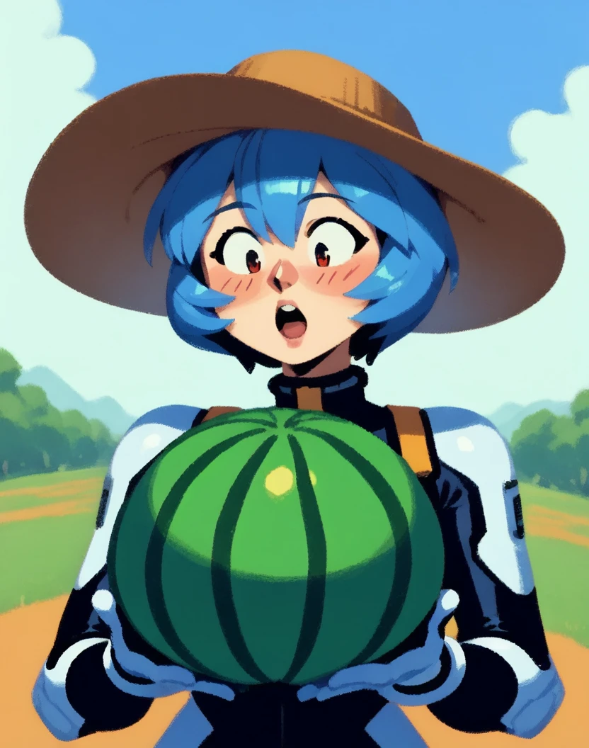 rei ayanami 1girl portrait, blue hair, farm hat, plugsuit holding huge melon, panicking, surprised, (wide open eyes:1.2), looking down, open mouth, blue clear sky <lora:Crude:0.7> <lora:Sadamoto Yoshiyuki_XL_PONY:0.25>, score_9, score_8_up, score_7_up, score_6_up