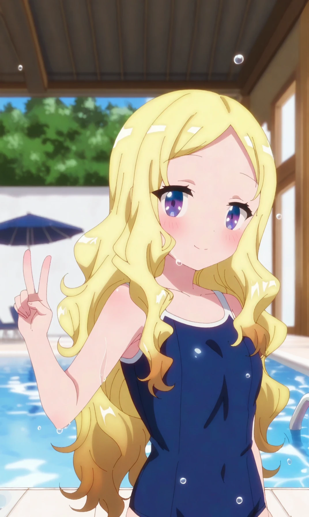 score_9, score_8_up, score_7_up, 1girl, blonde hair, swimsuit, solo, long hair, school swimsuit, v, one-piece swimsuit, competition school swimsuit, blue one-piece swimsuit, pool, blue eyes, smile, looking at viewer, umbrella, covered navel, blush, wet, small breasts, wavy hair, indoors, breasts, poolside, very long hair, water, closed mouth, wet swimsuit, parted bangs, outdoors, blurry, purple eyes, wet clothes