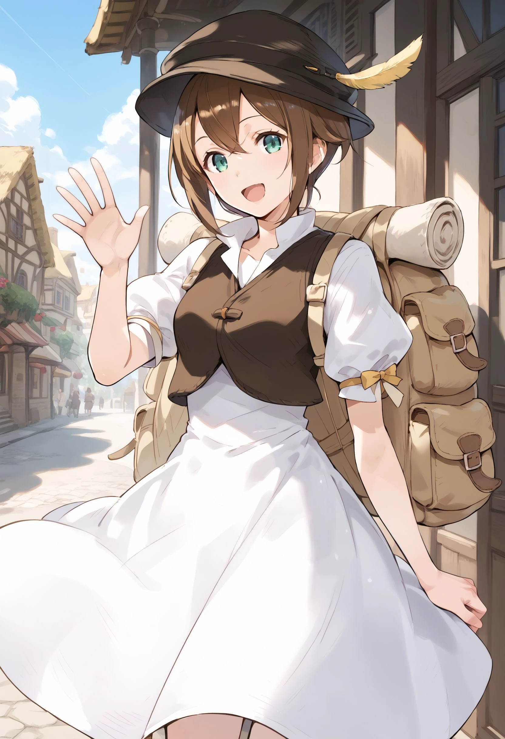 score_9, score_8_up, score_7_up, score_6_up, BREAK source_anime, best quality, masterpiece,
1girl,<lora:tressa colzionePonyXL:0.8>,tressa colzione,hat,hat feather,backpack,vest,dress,cowboy shot,standing,smile,open mouth,waving,looking at viewer,village